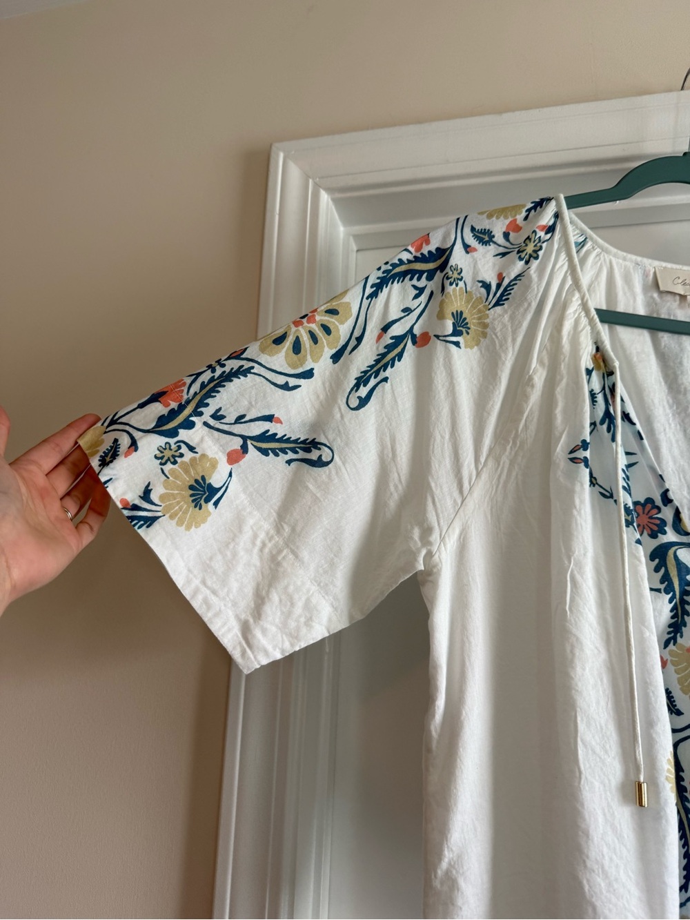 Cleobella white floral tie neck peasant blouse, size M - Picture 6 of 7